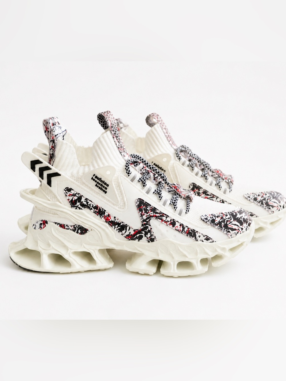 White Sculpted Sole Athletic Sneakers with Black & Pink Splatter